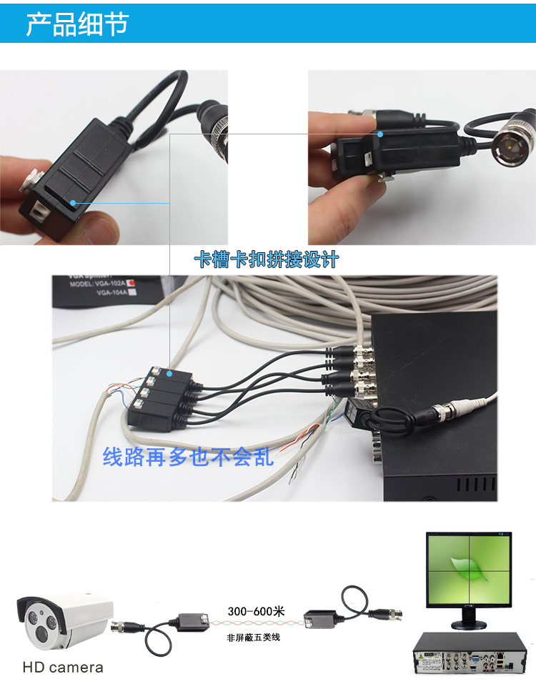 S2 卡扣式拼接单路无源双绞线传输器 支持AHD CVI TVI CVBS监控信号 双绞线视频传输(图9)