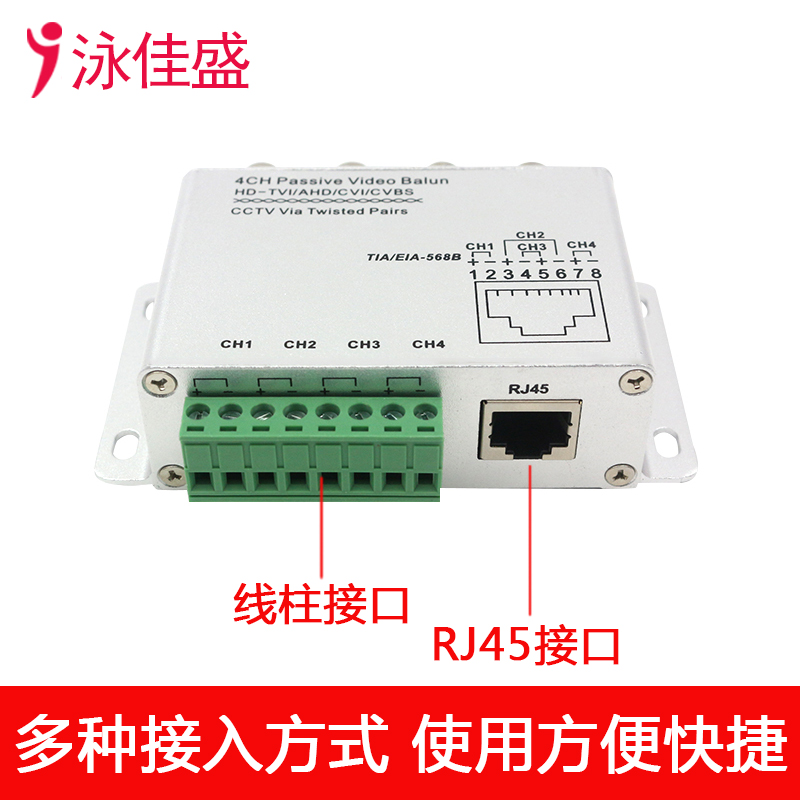 YJS-8104TR-4 四路无源高清双绞线传输器 支持AHD CVI TVI CVBS监控信号(图3)